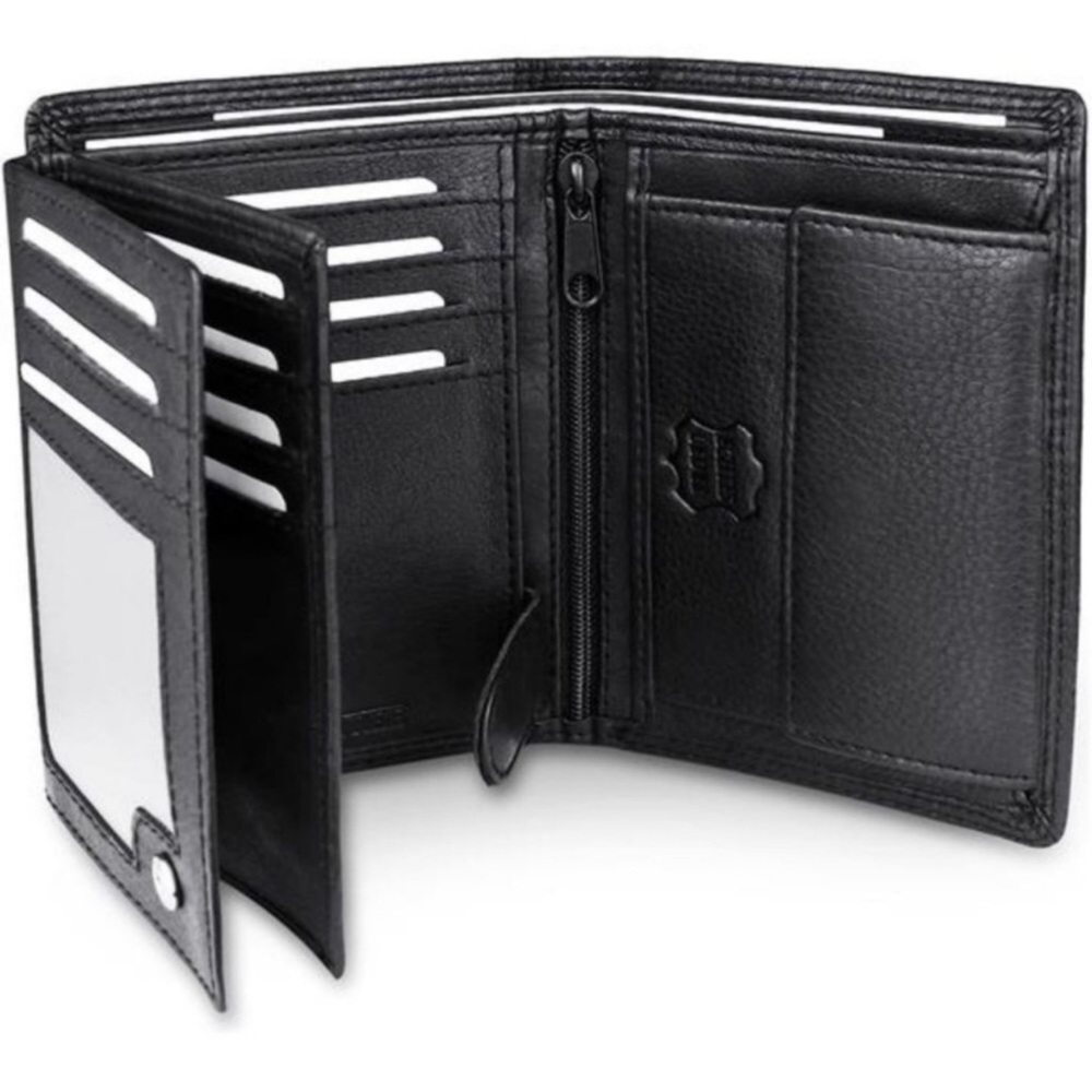 Nappa Leather Wallet, 15 card slots Trifold with RFID Protection, Black For Men